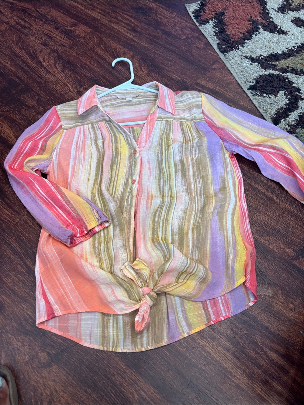 Striped Tie-Front Button-Down Shirt in Pastel Multi